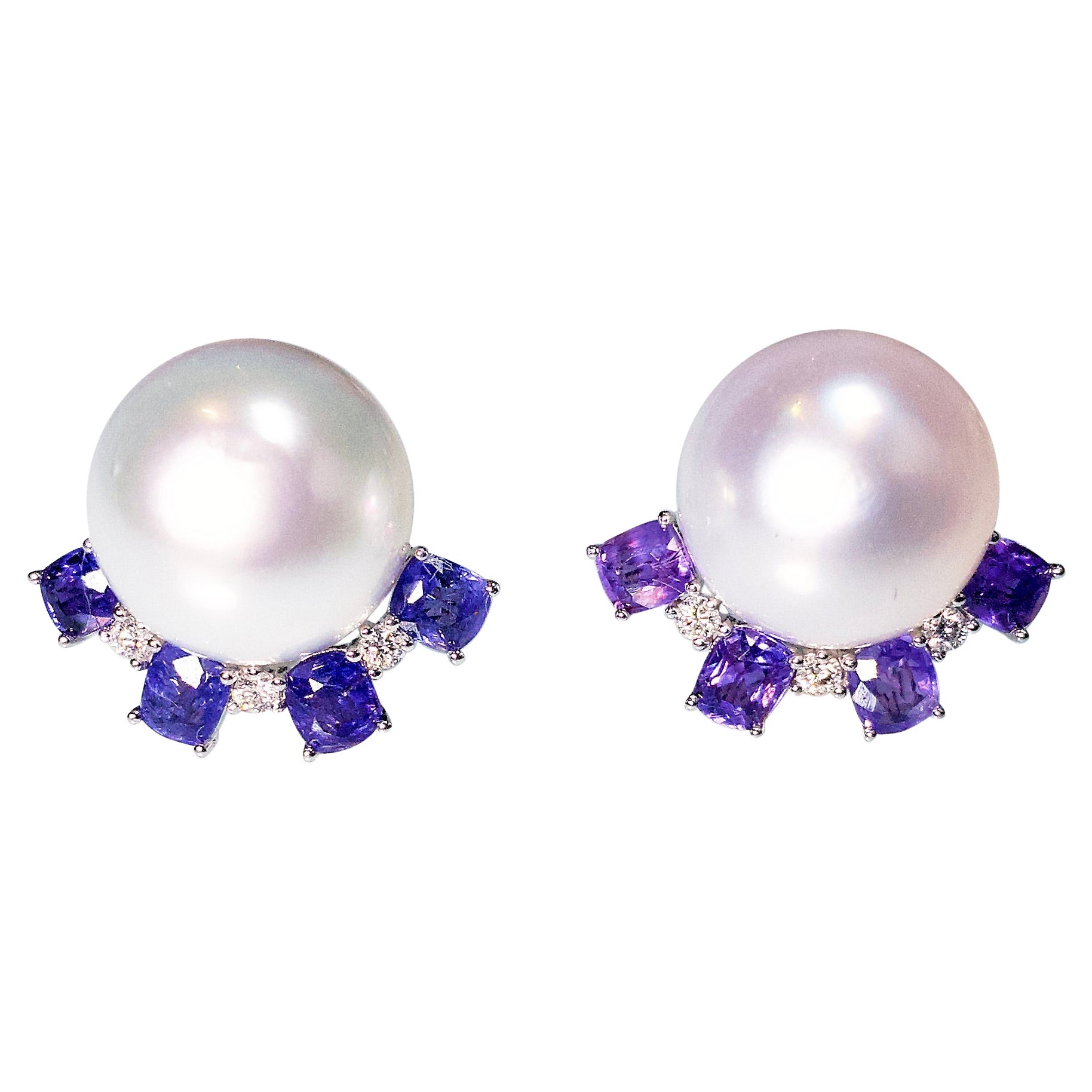 3.2 Ct Purple Sapphire, South Sea Pearl and Diamond Earring in 18k White Gold