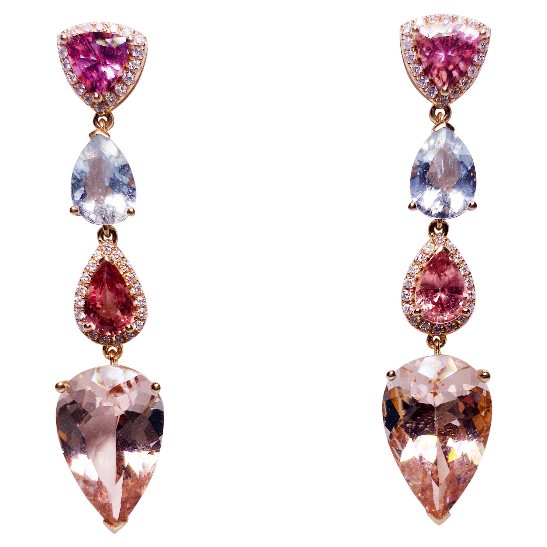Boucles d'oreilles en or rose 18 carats avec morganite émeraude, aigue-marine, saphir rose et diamant