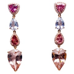 Boucles d'oreilles en or rose 18 carats avec morganite émeraude, aigue-marine, saphir rose et diamant