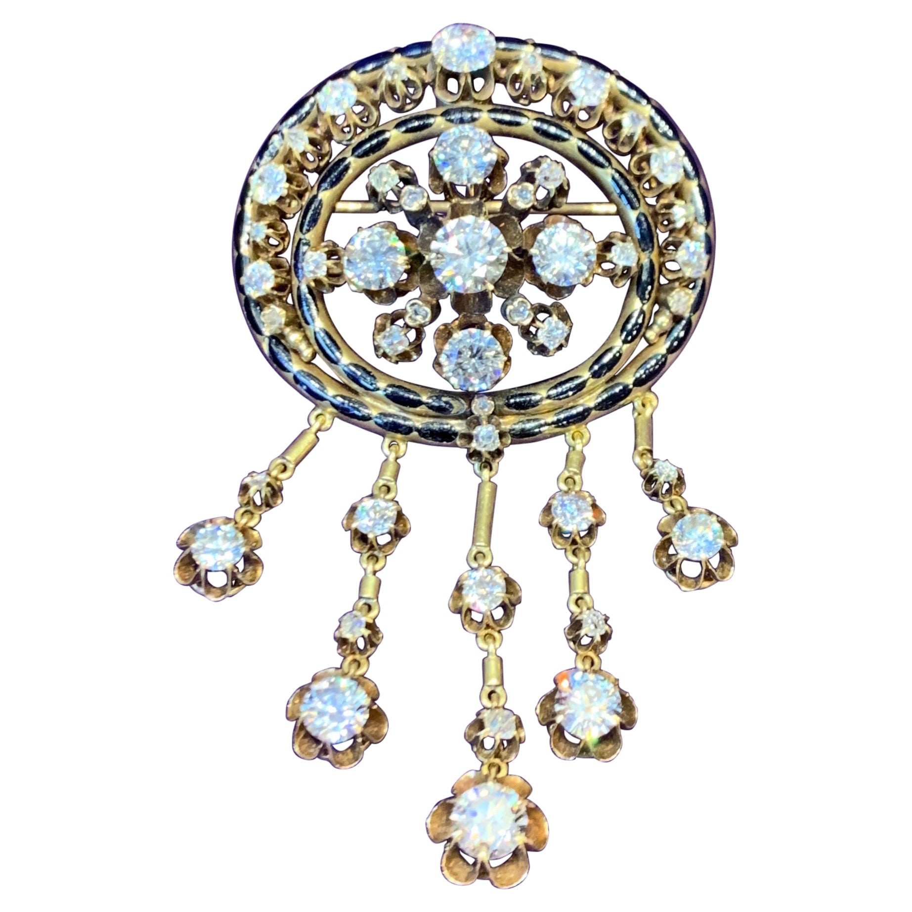 Victorian Enamel and Diamond Fringe Brooch For Sale