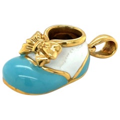 18KT YG Baby Shoe Charm Turquoise and White Enamel with Bow