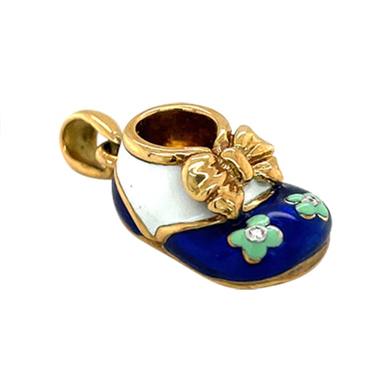 18KT YG Baby Shoe Charm with Blue and White Enamel with .02 Diamond and Bow For Sale