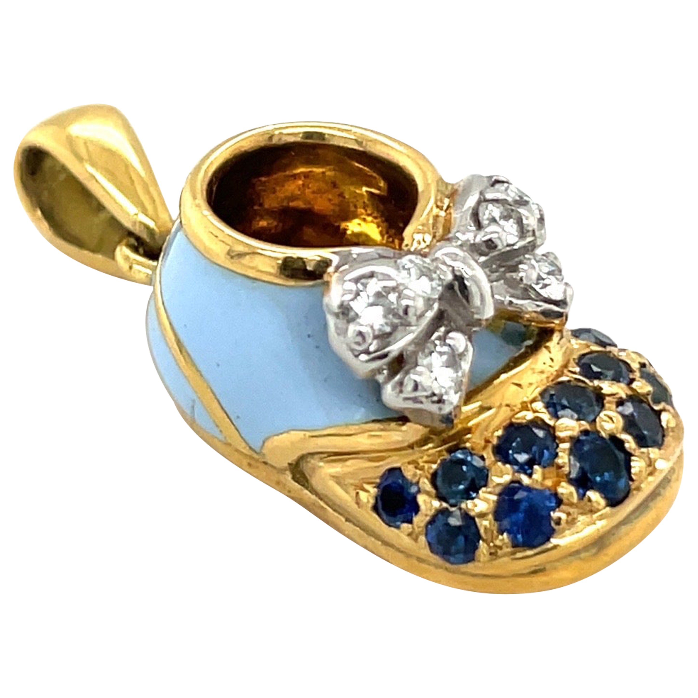 18KT YG Baby Shoe Charm Diamond Blue Sapphire and Enamel with Bow For Sale