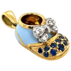18KT YG Baby Shoe Charm Diamond Blue Sapphire and Enamel with Bow