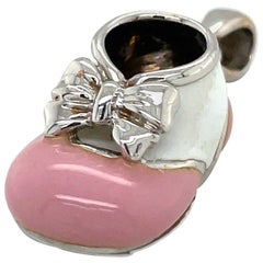 18KT WG Baby Shoe Charm with Pink and White Enamel with Bow