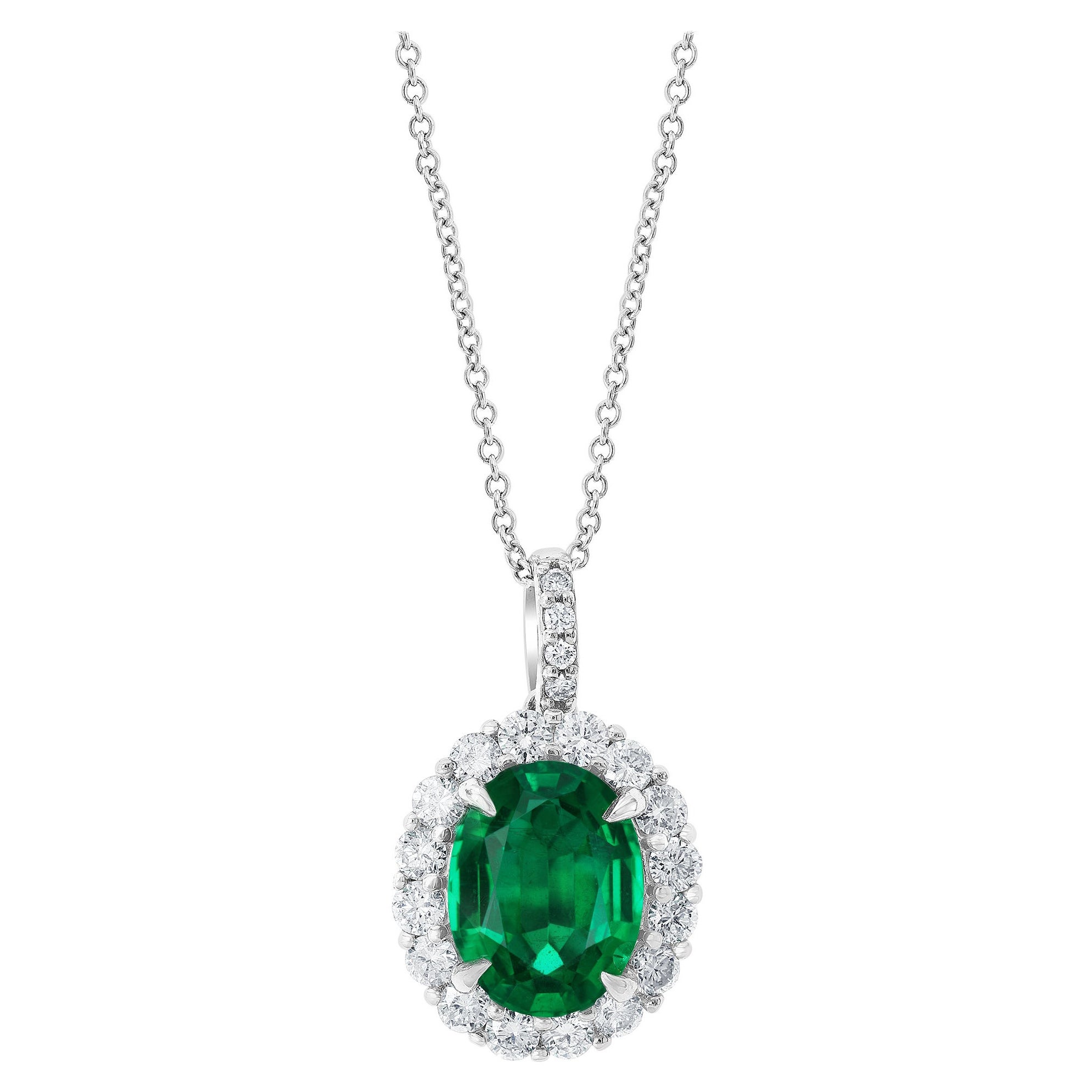 Auction - GIA Certified 3.53 Carat Oval Emerald and Diamond Pendant For Sale