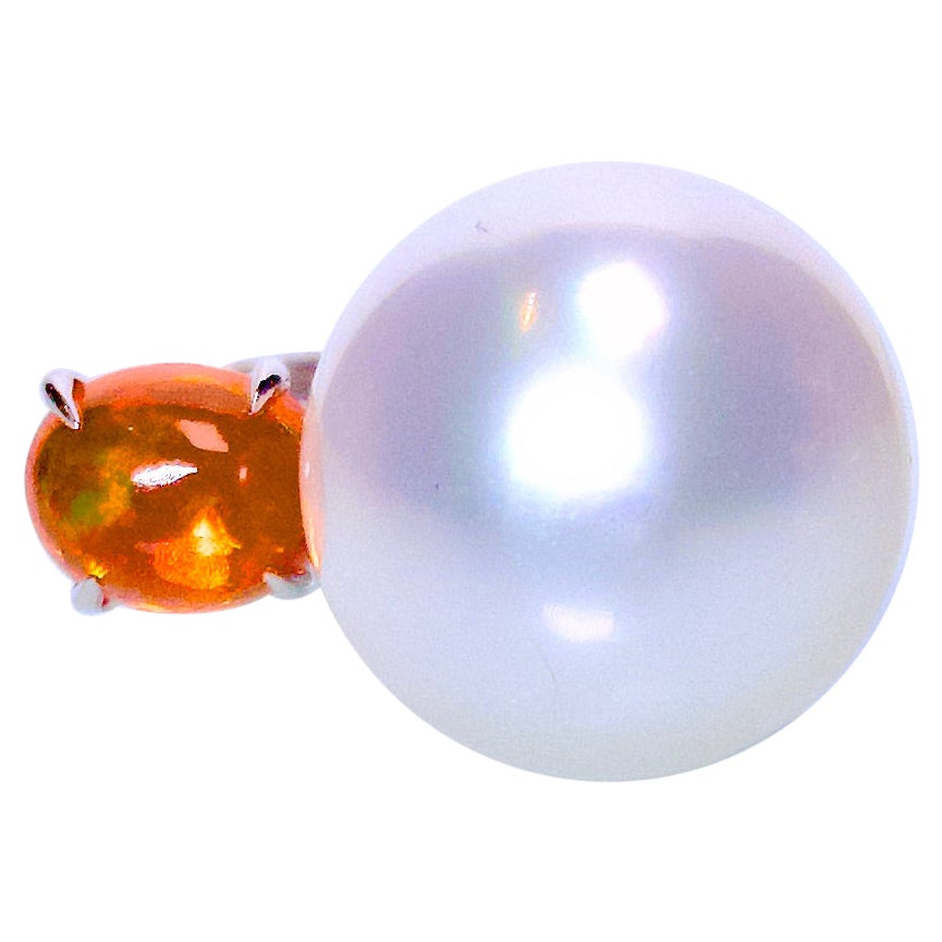 Eostre Fire Opal, South Sea Pearl, Ruby and Diamond Ring in 18K White Gold For Sale