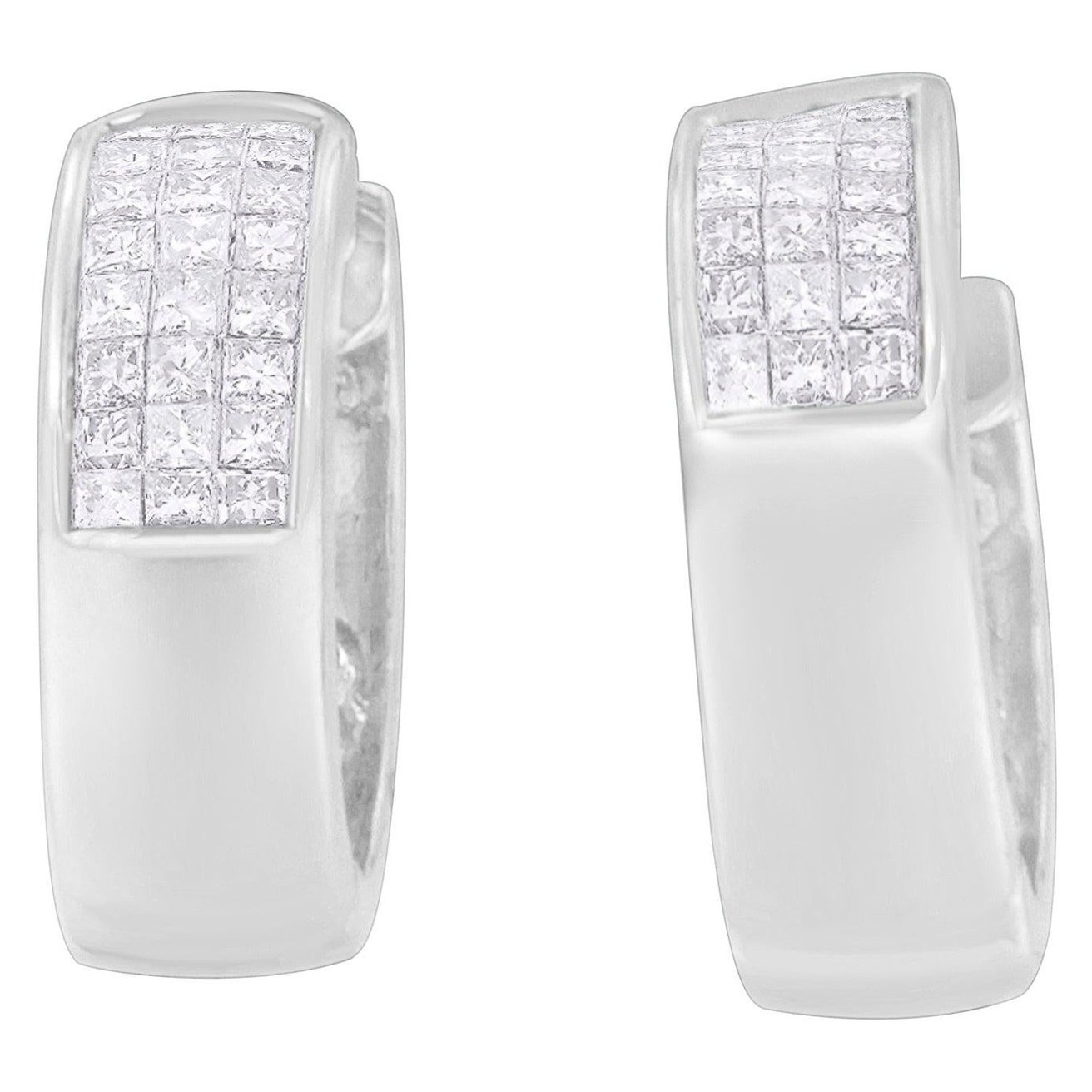 14k White Gold 1 1/8 Carat Princess and Round Cut Diamond Huggie Earrings