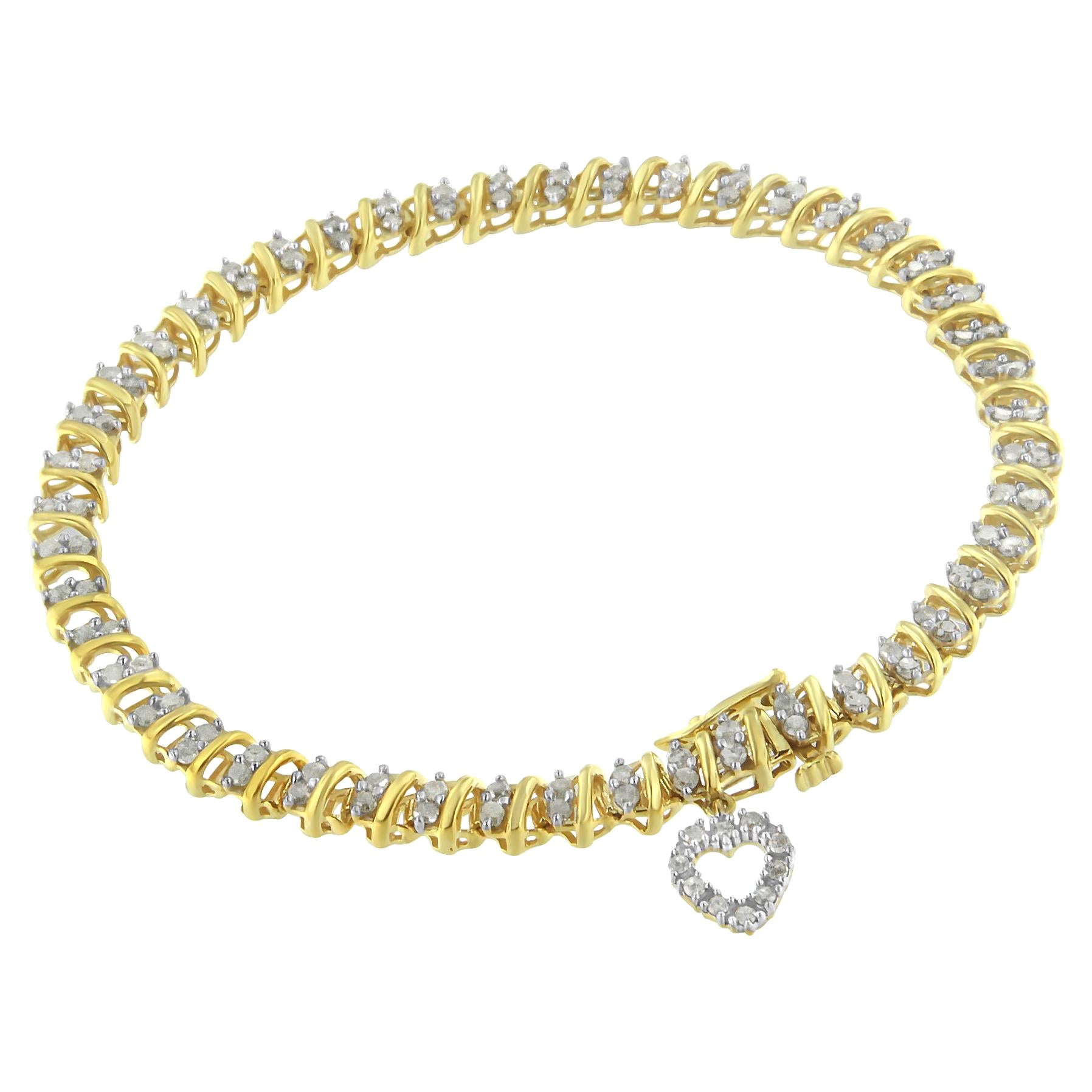 Yellow Gold-Plated .925 Sterling Silver 2.00 Carat Diamond Heart Charm Bracelet For Sale