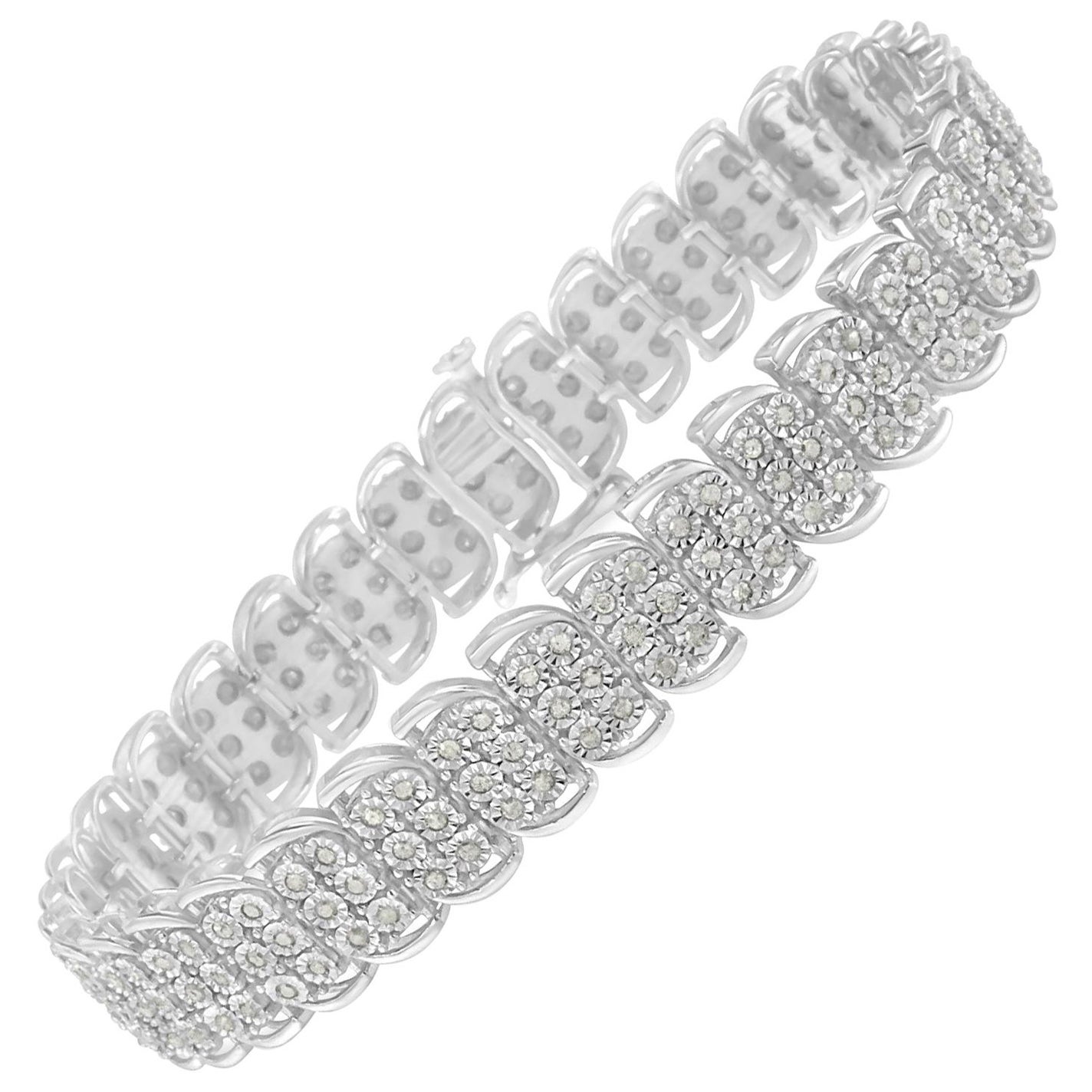 .925 Sterling-Silver 2.00 Carat Diamond 3 Row S Curve Line Tennis Bracelet For Sale