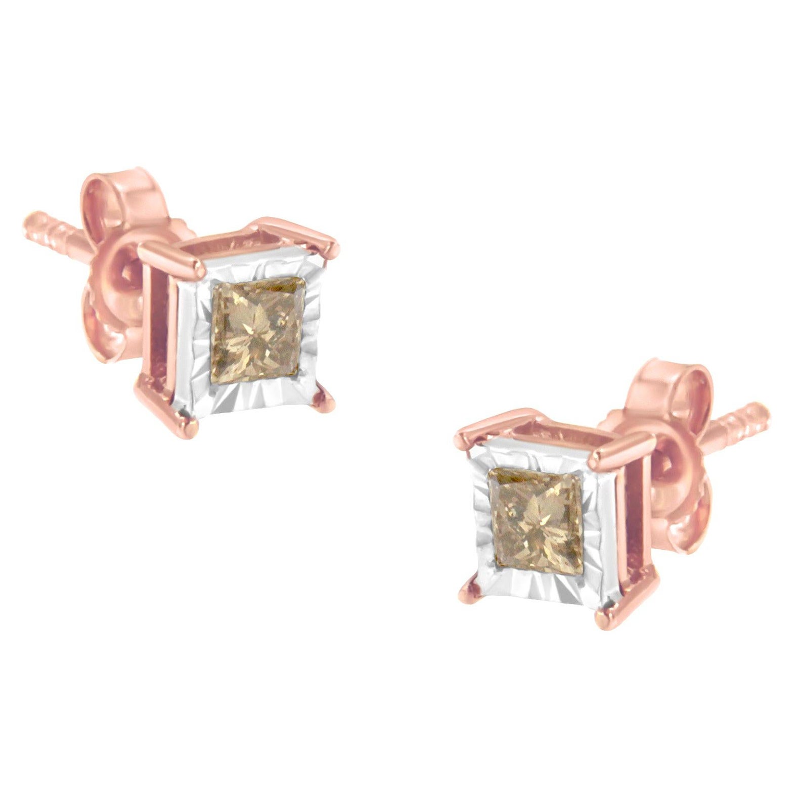 14K Rose Gold Plated .925 Sterling Silver 1/2 Carat Diamond Stud Earrings For Sale