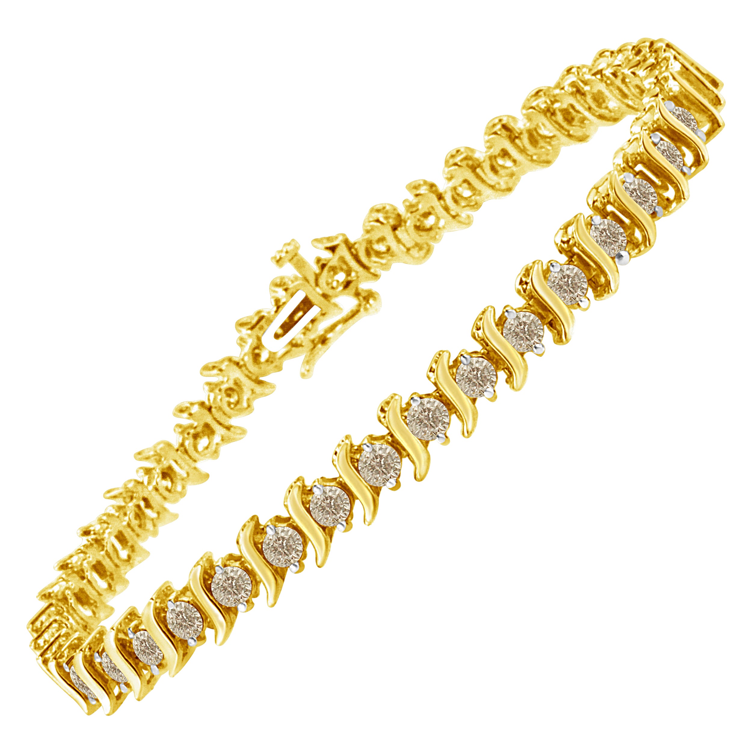 14K Yellow Gold Plated Sterling Silver Round Diamond S-Curve Link Bracelet