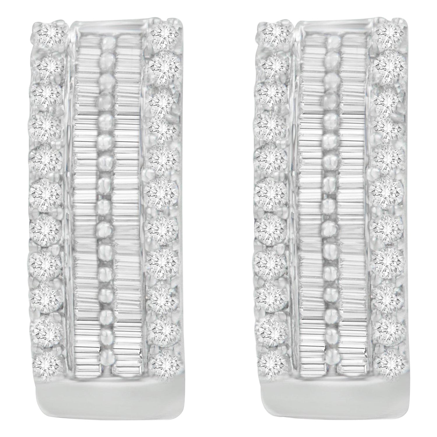 14K White Gold 1 1/2 Carat Round and Baguette-Cut Diamond Earrings