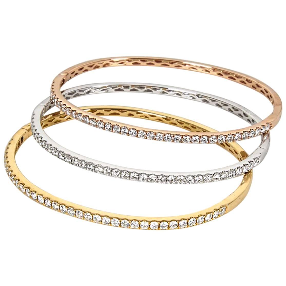 Set of Three Diamond White Yellow and Rose Gold Bangle Bracelets
