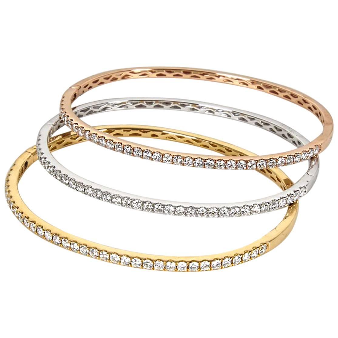Set of Three Diamond White Yellow and Rose Gold Bangle Bracelets at 1stdibs