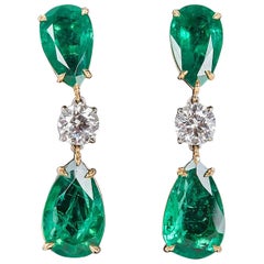 Antique Elegant Green Emerald Diamond Gold Drop Earrings