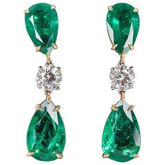 Elegant Green Emerald Diamond Gold Drop Earrings 3