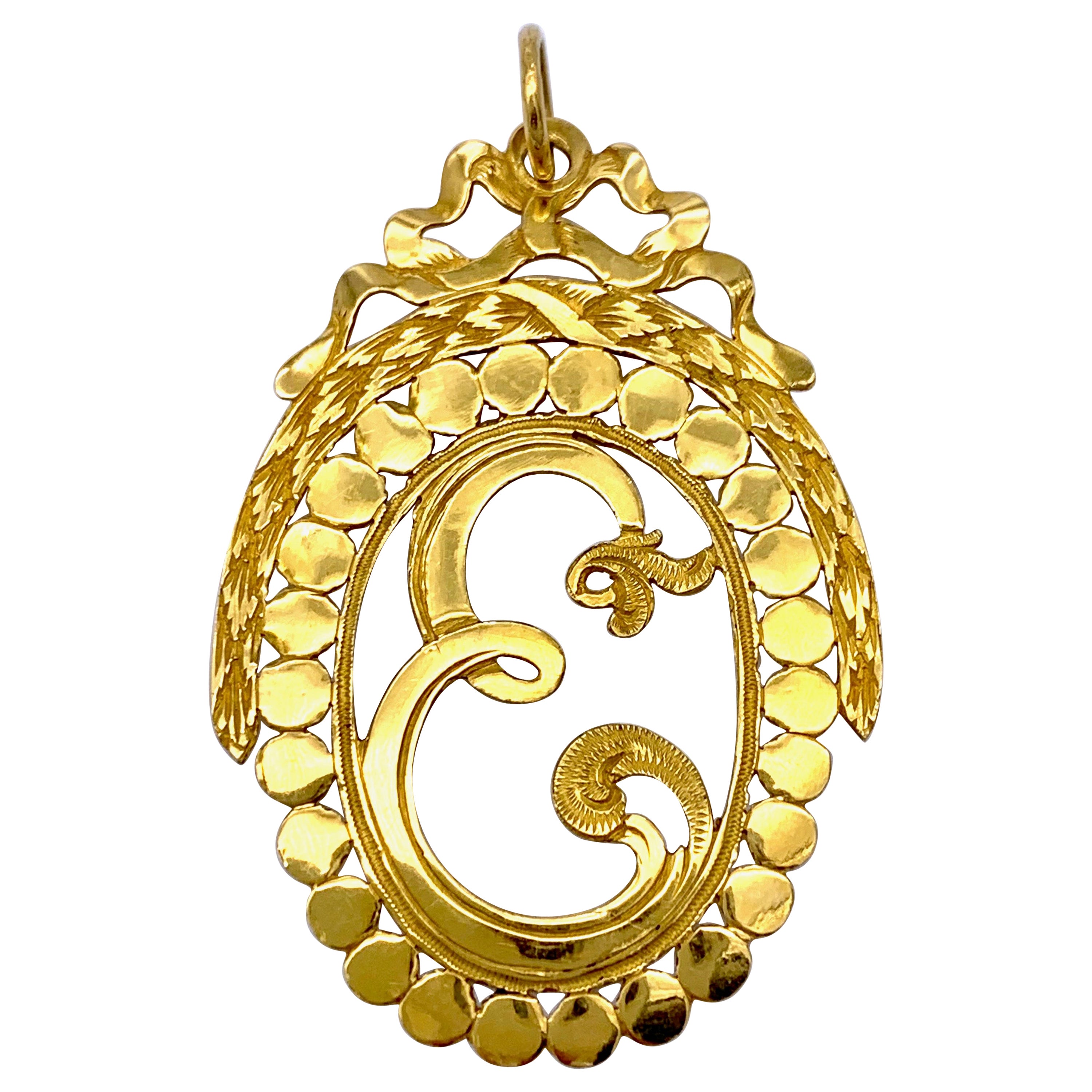 Antique 1800 Empire 21.6 Karat Gold Pendant Initial E For Sale