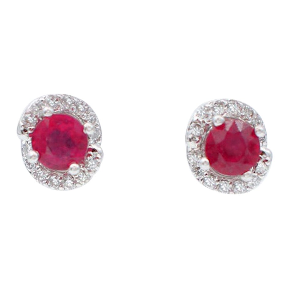 Rubies, Diamonds, 18 Karat White Gold Stud Earrings For Sale