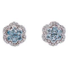 Aquamarines, Diamonds, 18 Karat White Gold Stud Earrings
