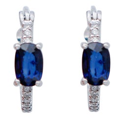 Oval Blue Sapphires, White Diamonds, 18 Karat White Gold Hoop Earrings