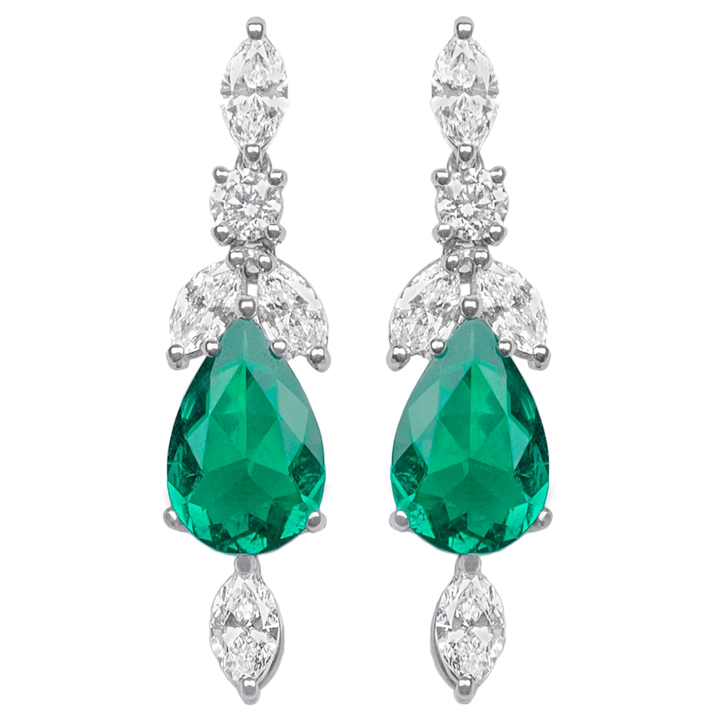 1.79ct White Diamond and 4.23ct Pear Cut Emerald Earrings 