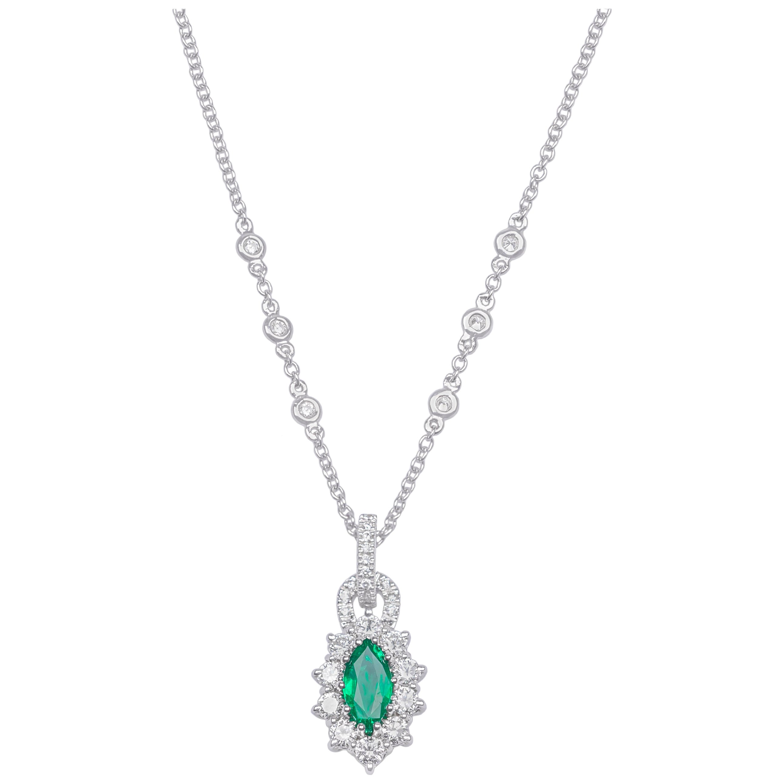 1.30ct Navette 'Marquise' Cut Emerand and Brilliant Cut Diamonds Necklace