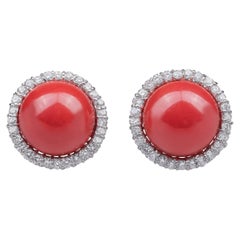 18k White Gold, Coral and 1.68ct Diamonds Lever-Back 'English Lock' Earrings