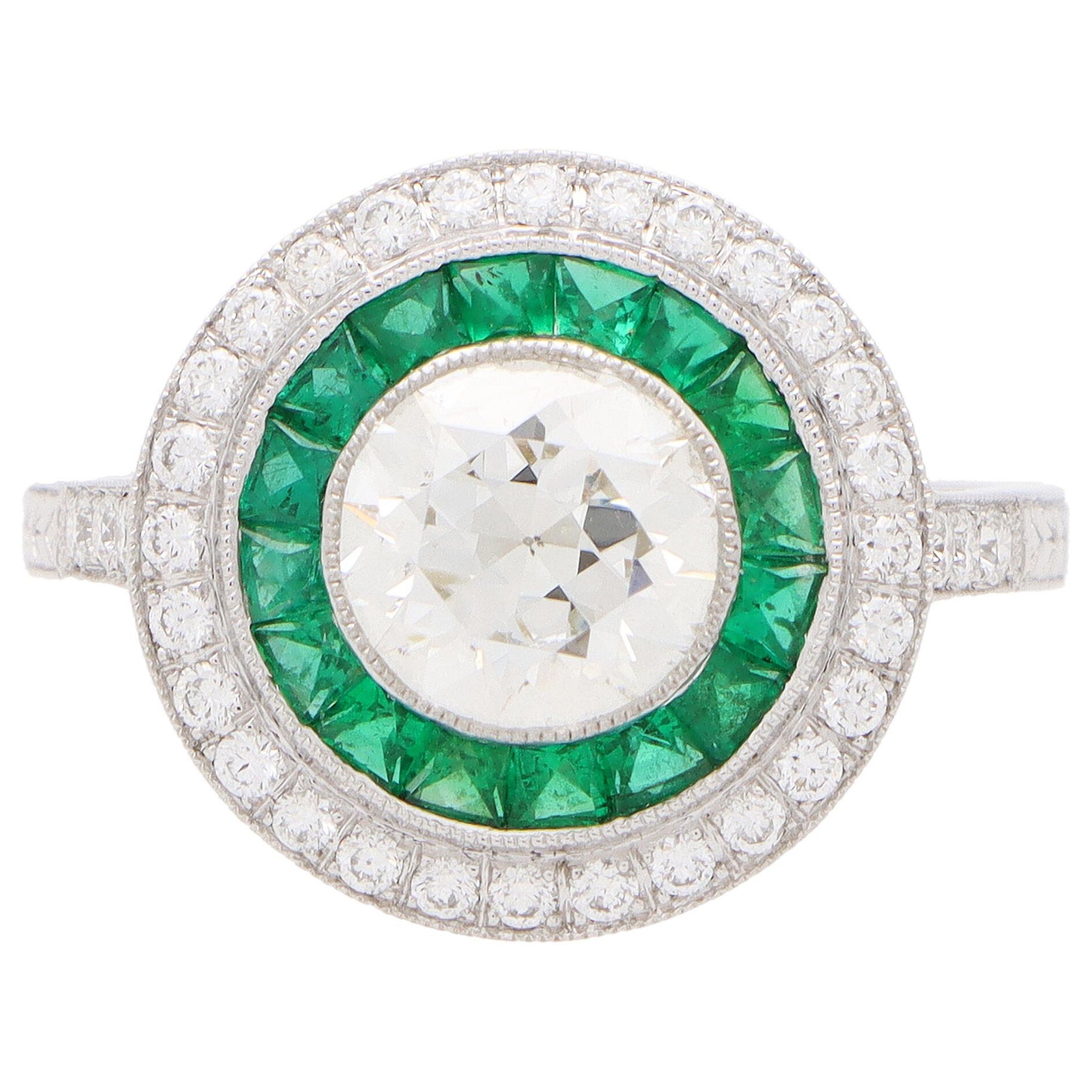 Art Deco Inspired Emerald and Diamond Target Halo Ring Set in Platinum