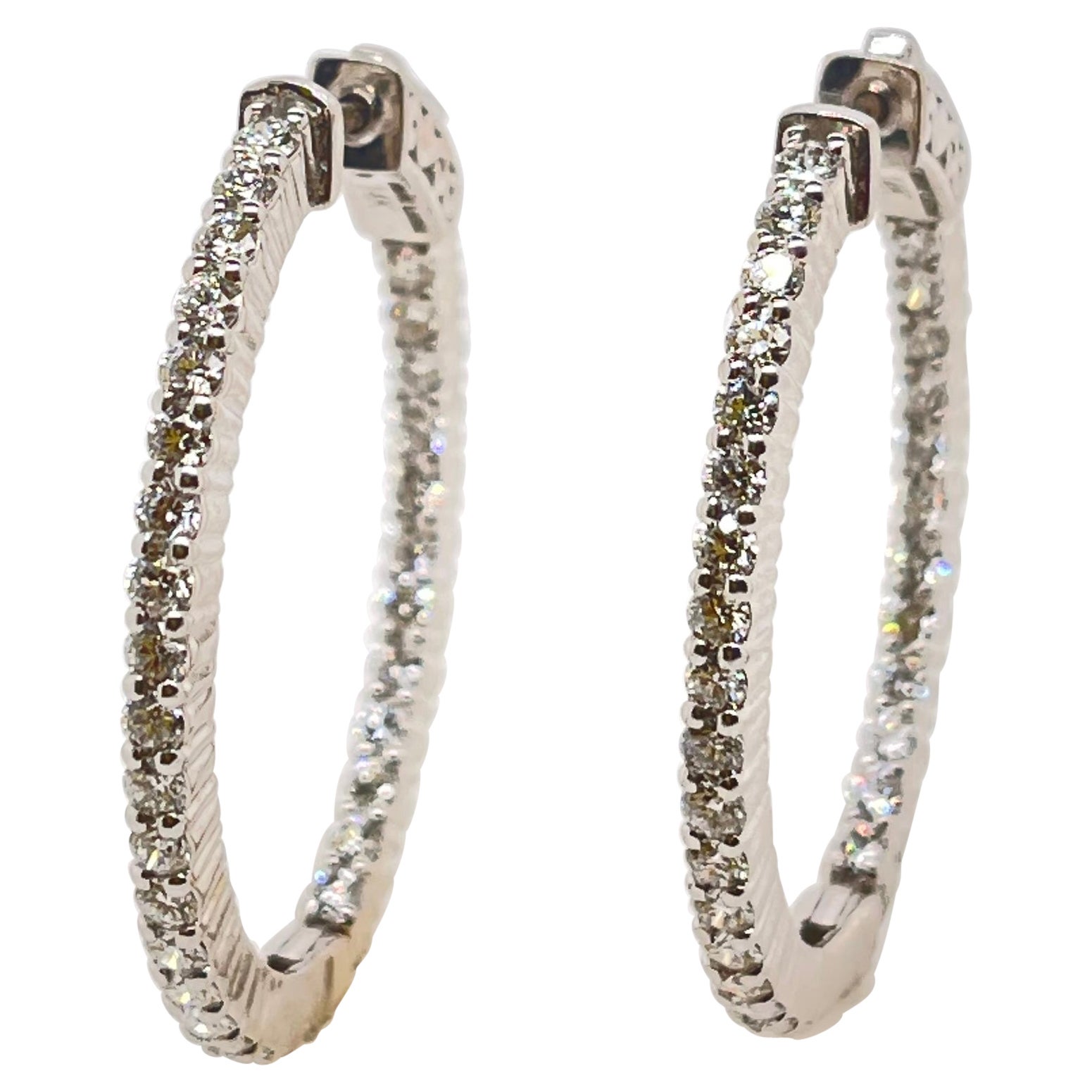 14kt White Gold Diamond Hoops Earrings For Sale
