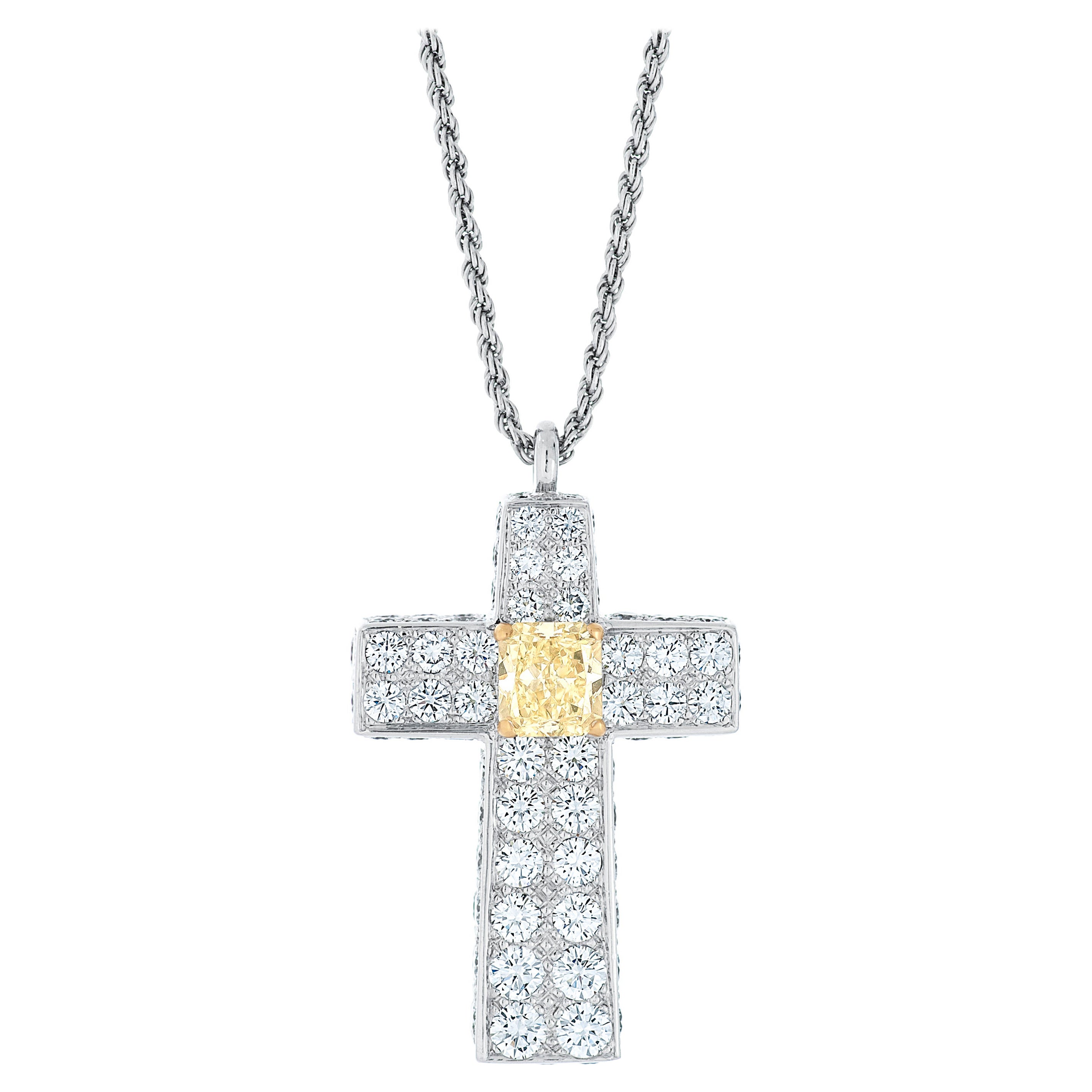 Graff White and 1.50ct Fancy Yellow Diamond Cross Pendant Necklace in 18KWG For Sale