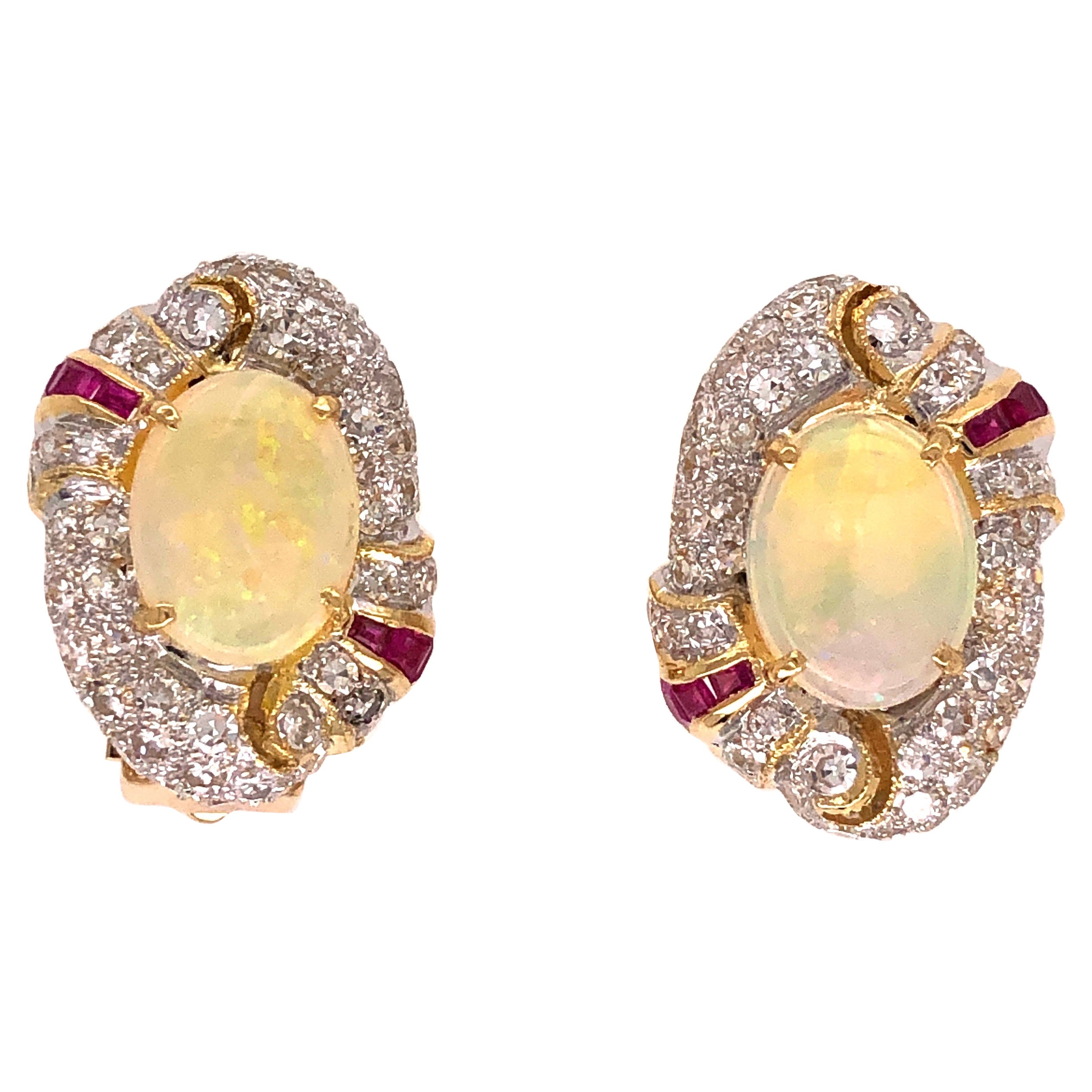 Opal Diamond Ruby French Clip Gold Earrings Estate Fine Jewelry For Sale