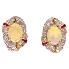 Retro Opal Diamond Ruby French Clip Gold Earrings Estate Fine Jewelry
