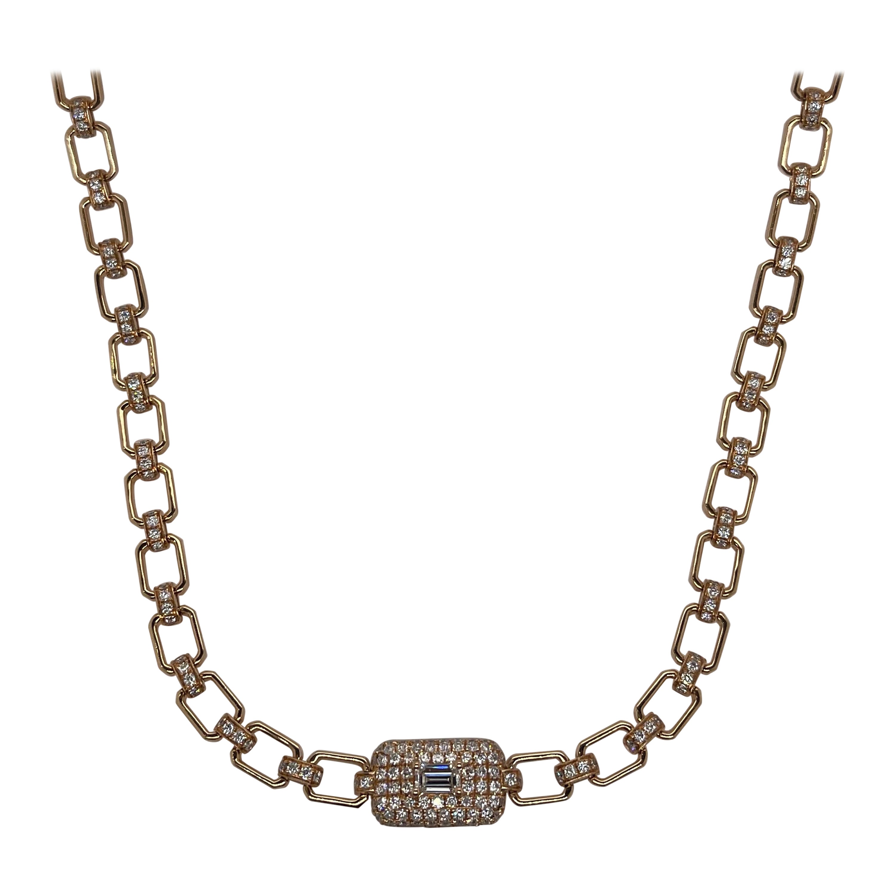 18kt Rose Gold Pavé Diamond & Baguette Link Necklace