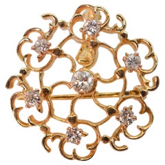 Floral Inspired Diamond 14K Yellow Gold Filigree Brooch w Enhancer Pendant