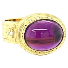 Amethyst Cabochon and Diamond Dome Ring in 18k Yellow Gold, 4.53 Carats