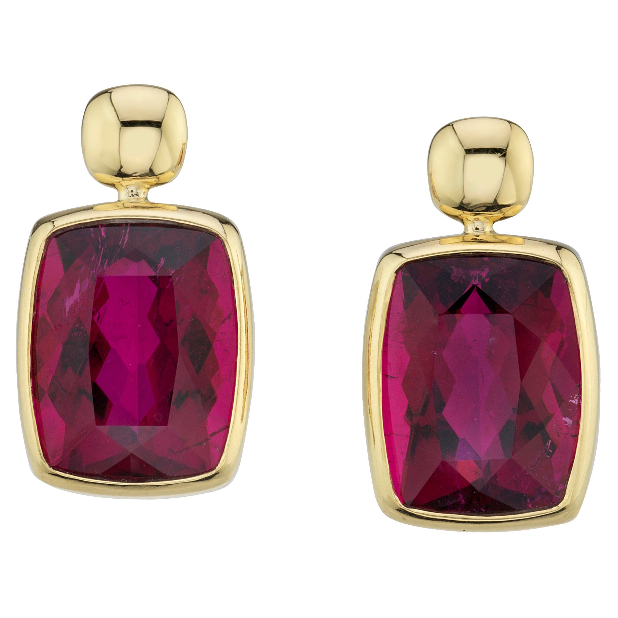 Rubellite Tourmaline Drop Earrings in Yellow Gold, 11.28 Carats Total  For Sale