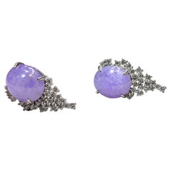 Natural Type A Lavender Jadeite Jade and Diamond Earring in 18k White Gold
