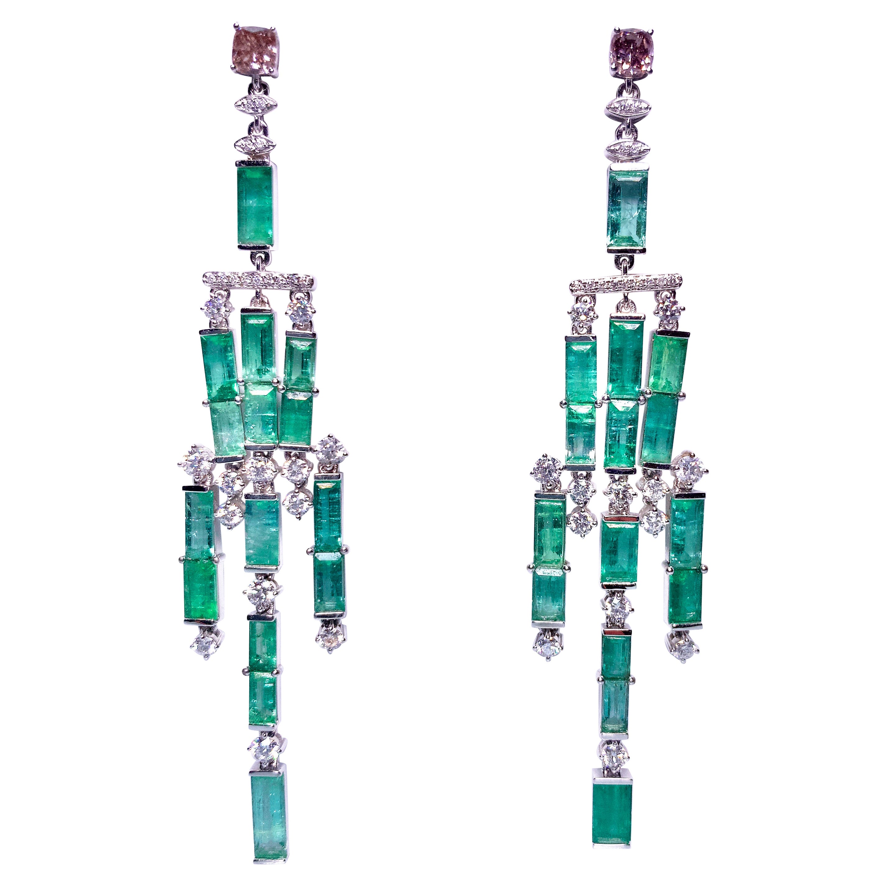 Eostre Emerald, Purple Diamond and Diamond Earring in 18K White Gold For Sale