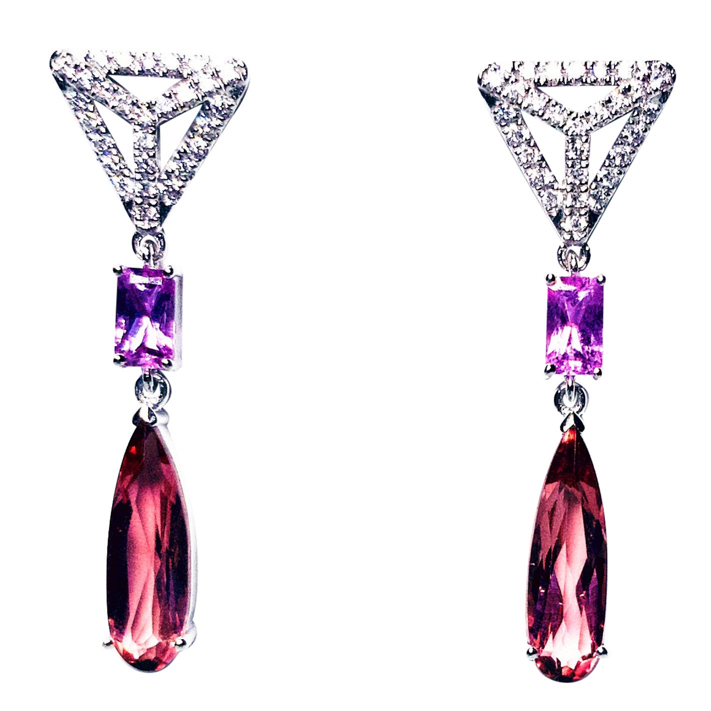 Eostre Tourmaline, Pink Sapphire and Diamond Earring in 18K White Gold For Sale