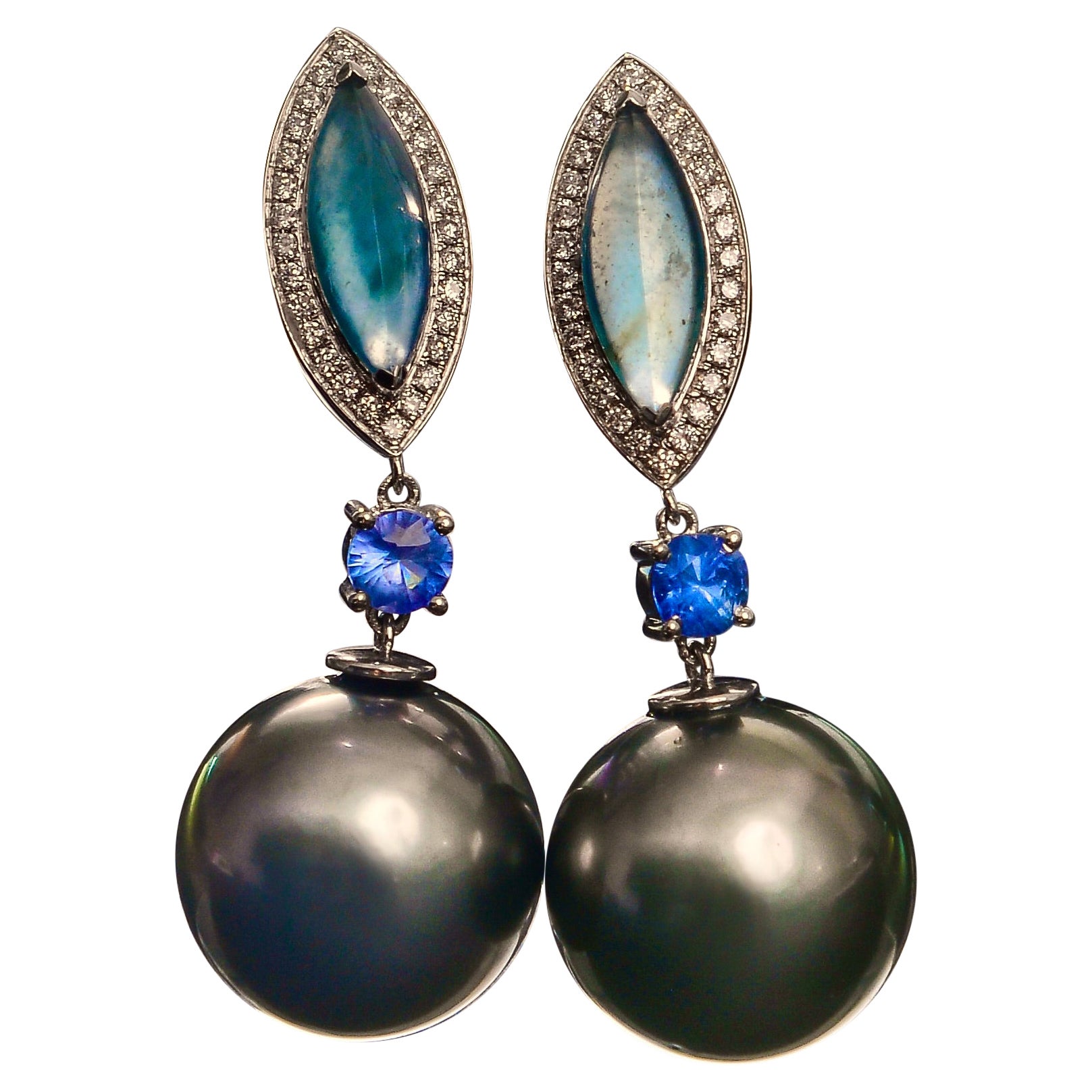 Eostre Tahitian Pearl, Type A Jadeite, Sapphire and Diamond White Gold Suite For Sale