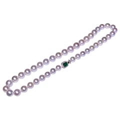 White South Sea Pearl Necklace with Emerald and Diamond Clasp in 18k G