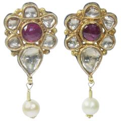 Victorian Indian Rose Cut Ruby Pearl Diamond Gold Earrings 
