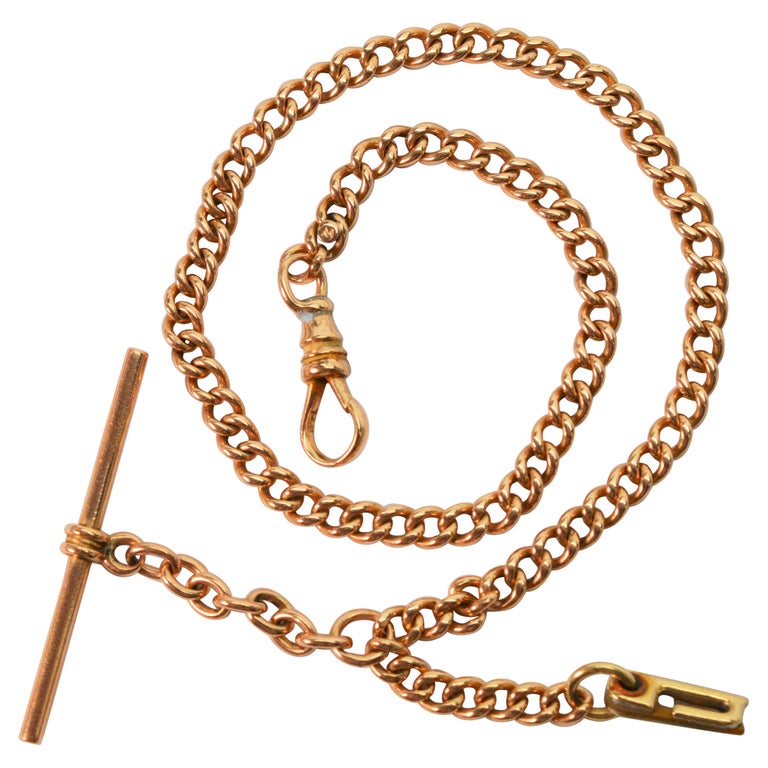 Antique 14K Yellow Gold Pocket Watch Chain w Fob Clip w T Bar at 1stDibs