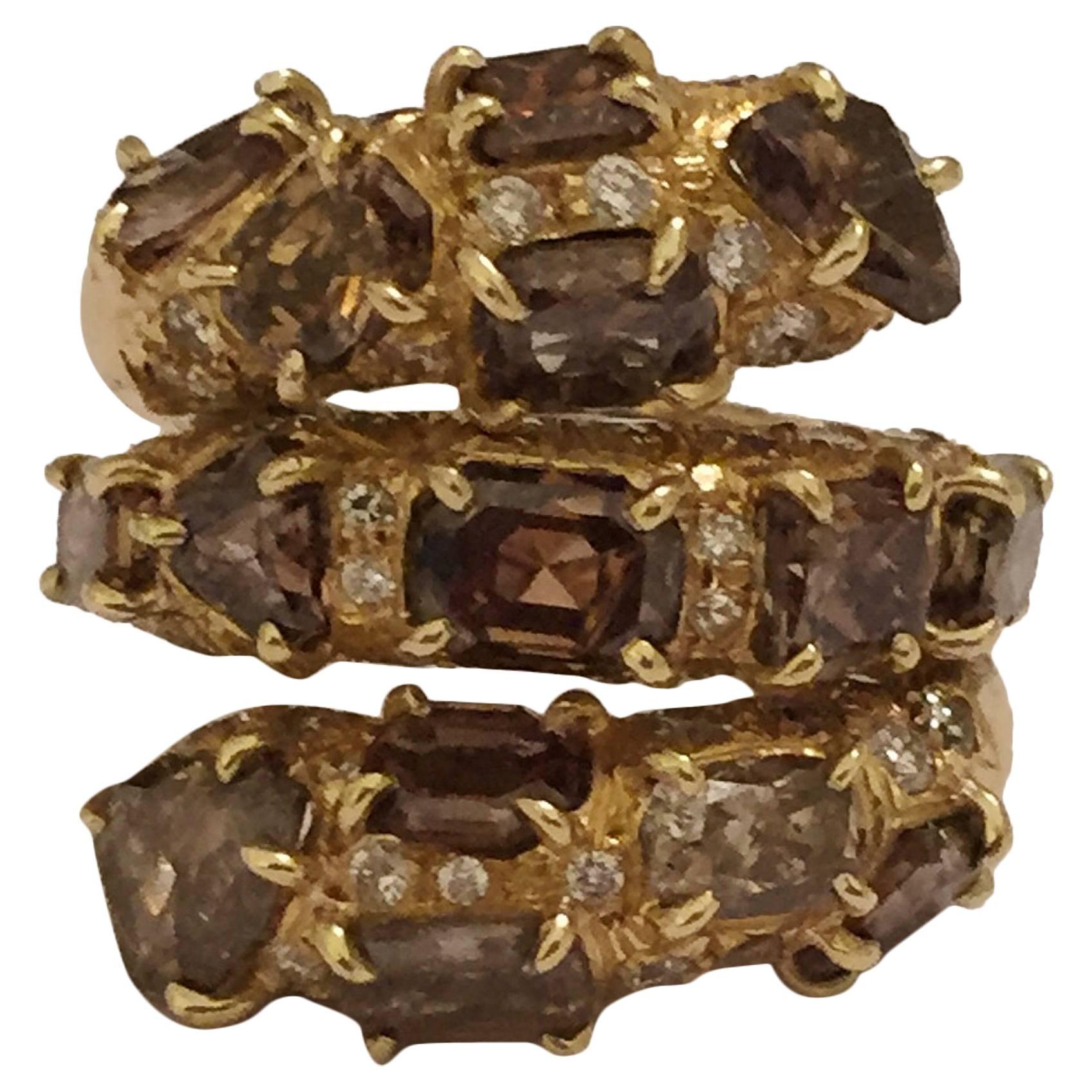 Modern Gold Swirl Ring with Brown Diamond Slices and Round Brown Diamond Detail For Sale