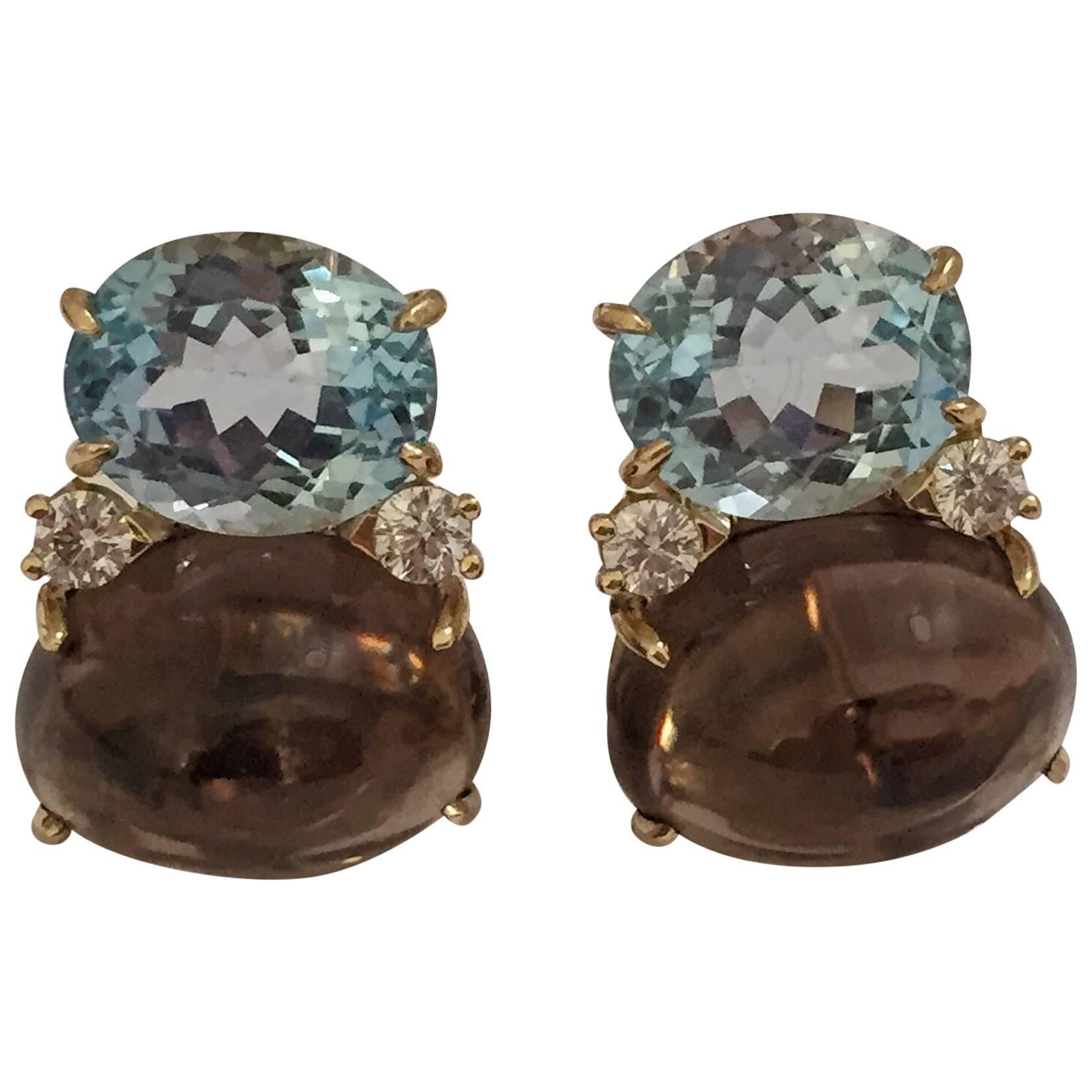 Large GUM DROP™ Earrings with Blue Topaz and Cabochon Smoky Topaz and Diamonds For Sale