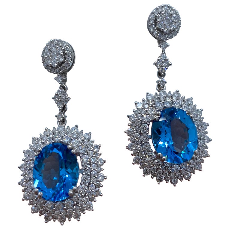 Scintillating Pair of 16.34 Carat Vivid Blue Topaz and Diamond 18K Gold Earrings For Sale