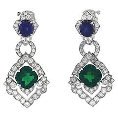 Cartier Colombian Emeralds Diamonds Sapphires Victoria Earrings 1