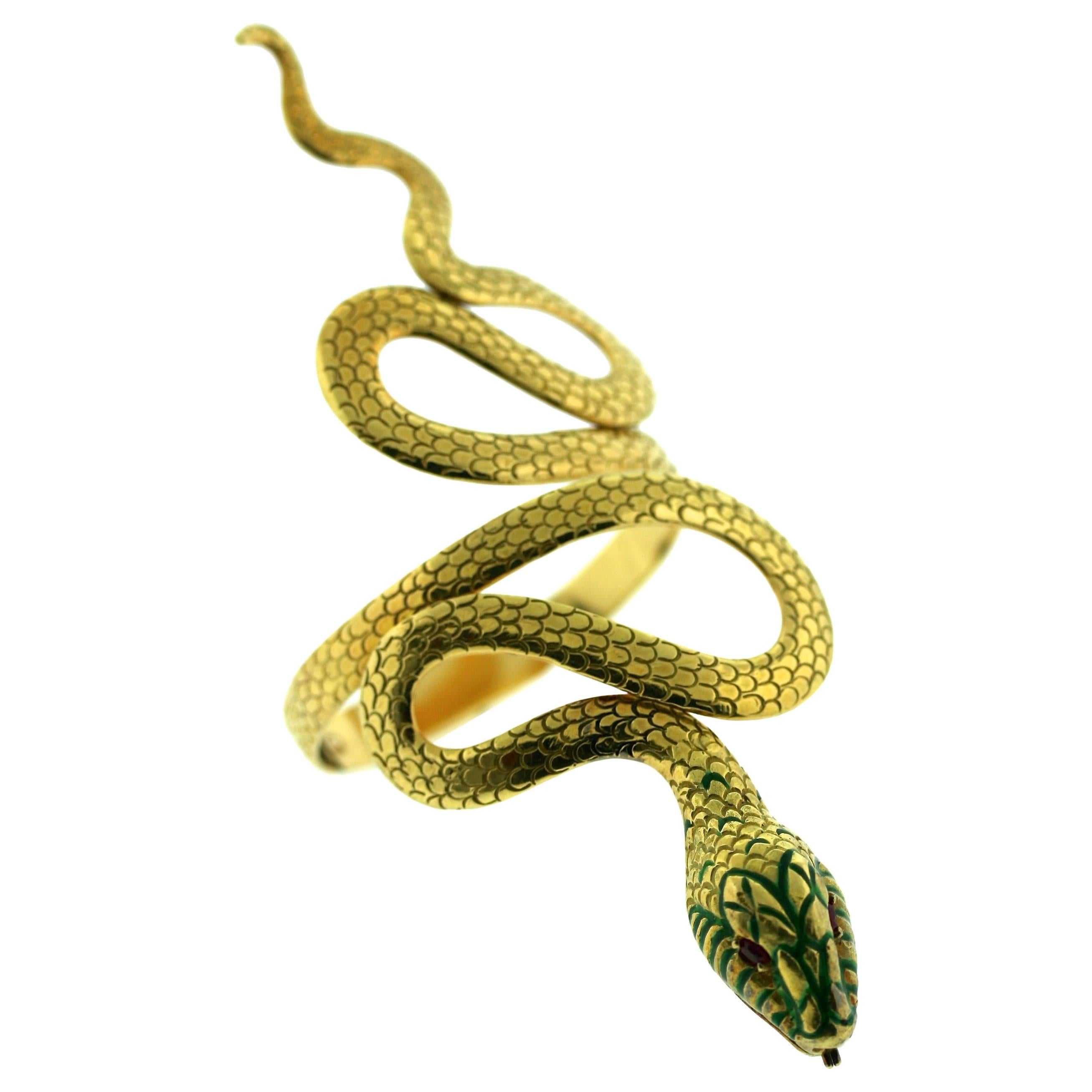 1960s Spritzer and Fuhrmann Enamel Ruby Gold Serpent Cuff Bracelet For Sale