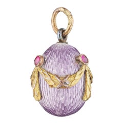 Antique Victorian Faberge Ruby Gold Silver Guilloche Enamel Egg Pendant